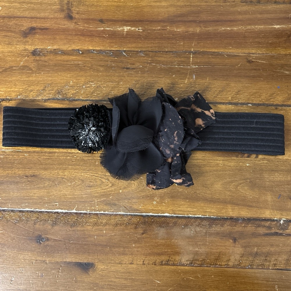 Vtg J.Crew Black Elastic Floral Waist Belt Rosette Chiffon Flower Cinch Y2K
